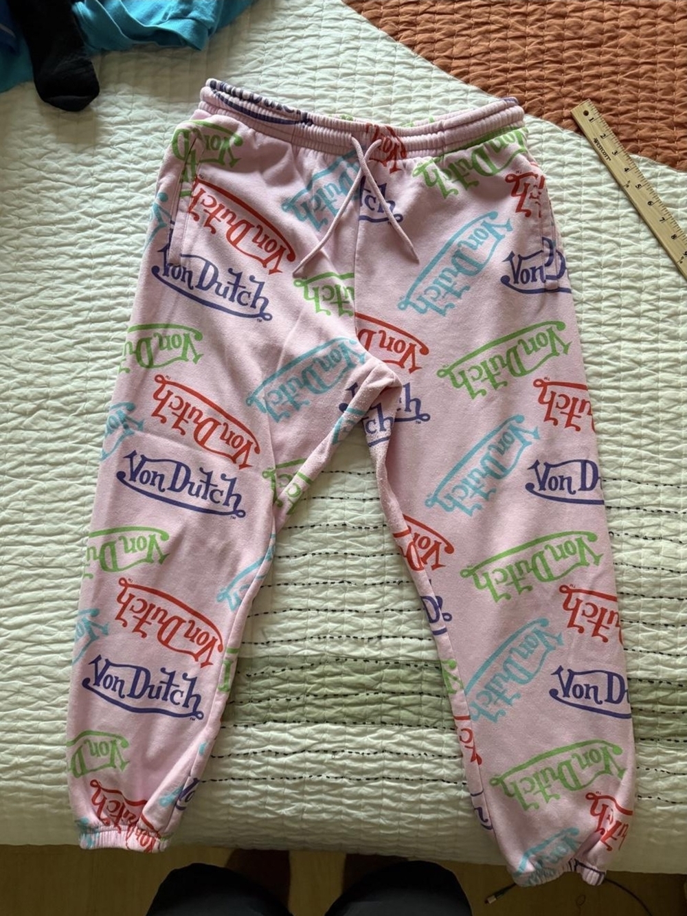 Von Dutch Pink Logo-Print Kids Pajama Bottoms with Multicolor Logos